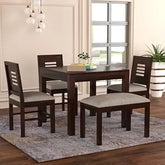 ONIJA Sheesham Wood 3 Chair with 1 Bench Dining Table Set with Cushioned Chairs for Dining Room | Living Room | Hotels Restaurant (4 Seater with Bench, Honey Finish) - WALNUT FINISH